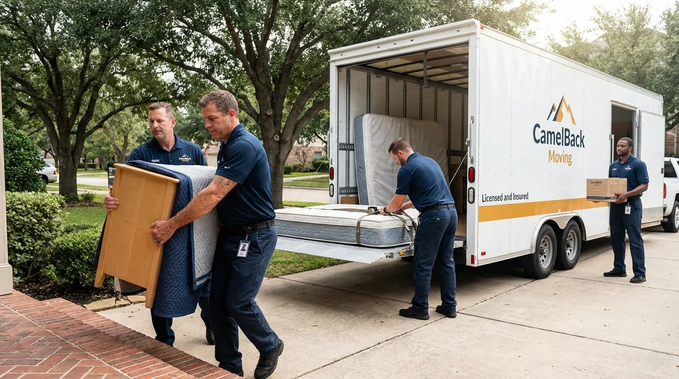 Crew loading residential truck for cross-state move from Paint Rock, TX