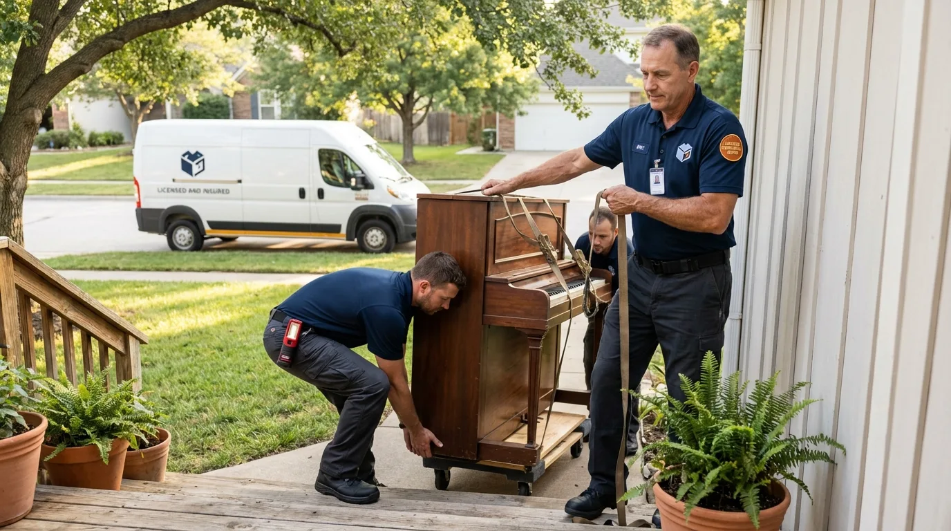 Licensed piano movers securing grand piano in Paint Rock, TX