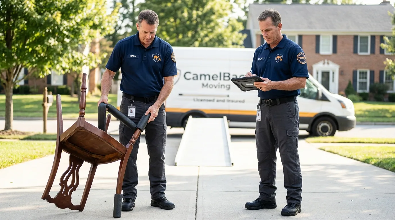 Movers inspecting furniture for damage prevention before loading in Paint Rock, TX