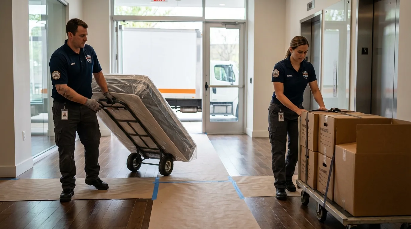 Professional apartment movers loading elevator in Paint Rock, TX