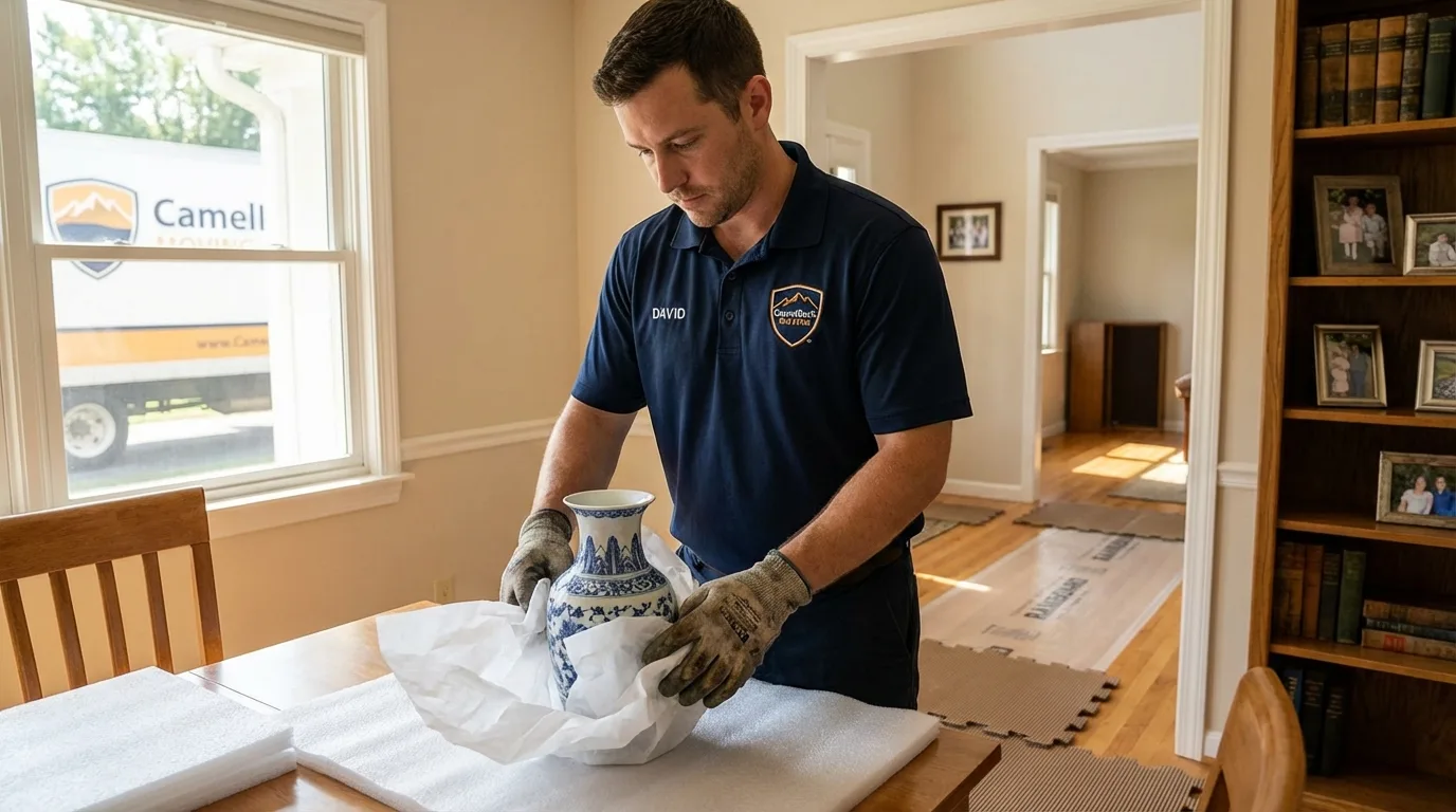 Professional crew carefully wrapping antique vase for senior downsizing move in Paint Rock, TX